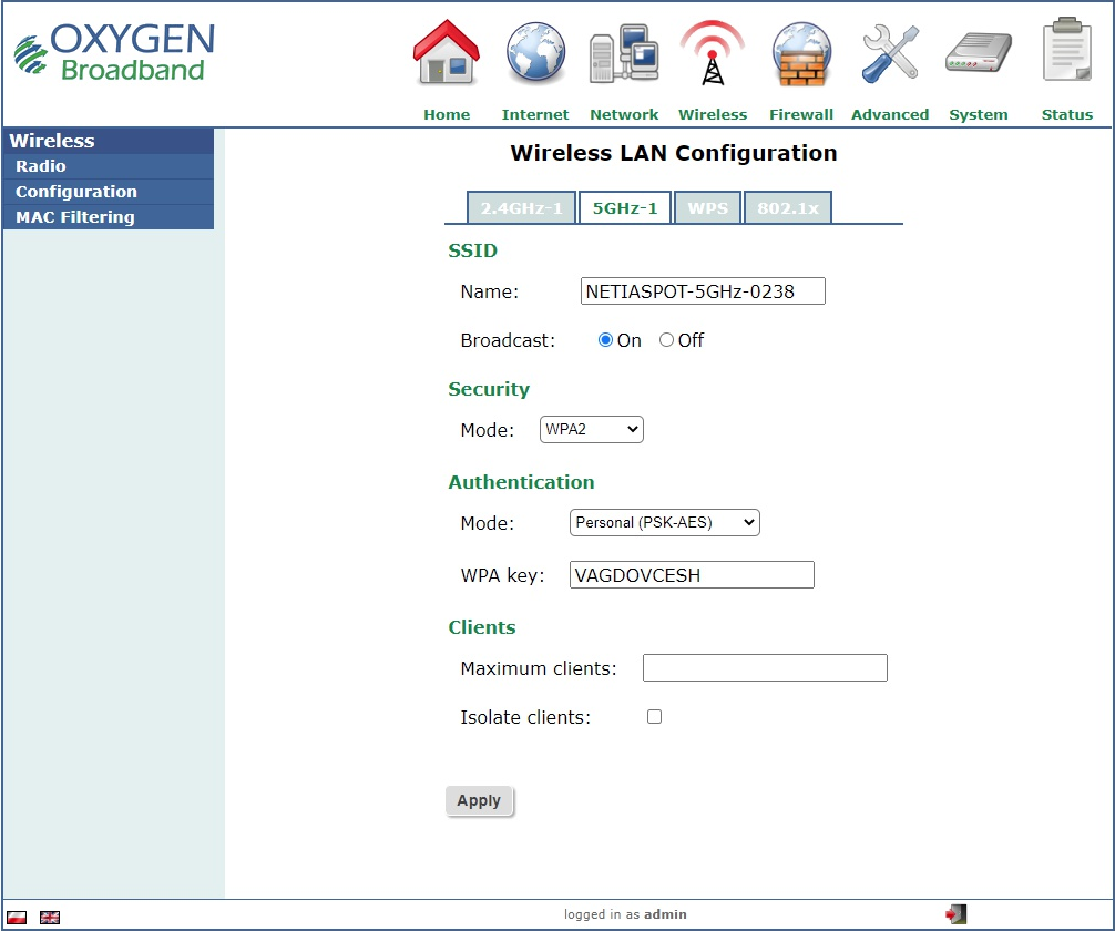 Oxygen RVV34000 - konfiguracja Wi-Fi