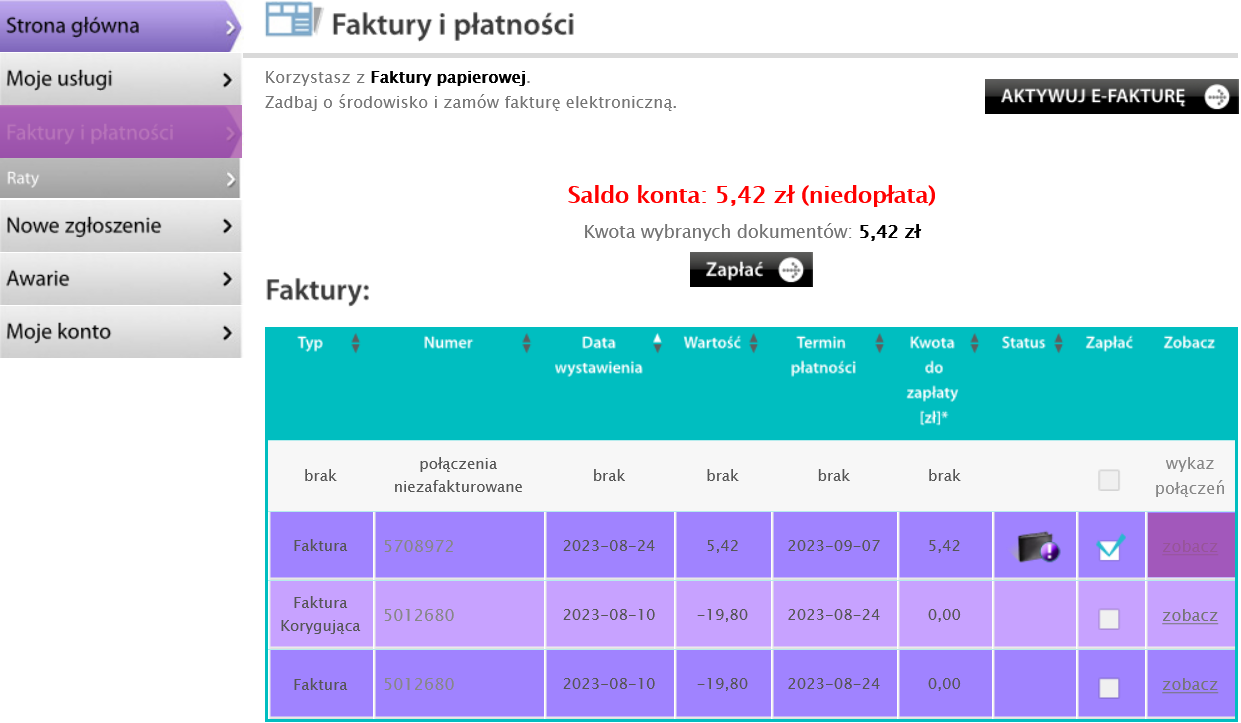 Obraz faktury w serwisie Netia On-line