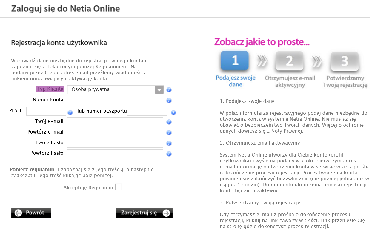 Utworzenie nowego konta w serwisie Netia On-line