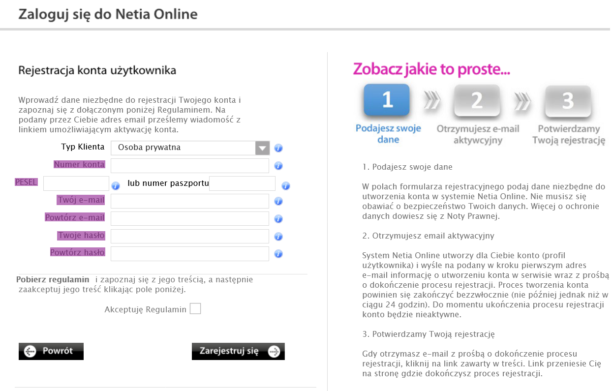 Utworzenie nowego konta w serwisie Netia On-line