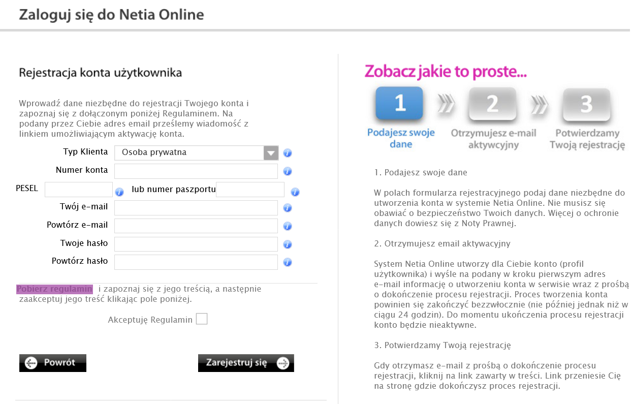 Utworzenie nowego konta w serwisie Netia On-line