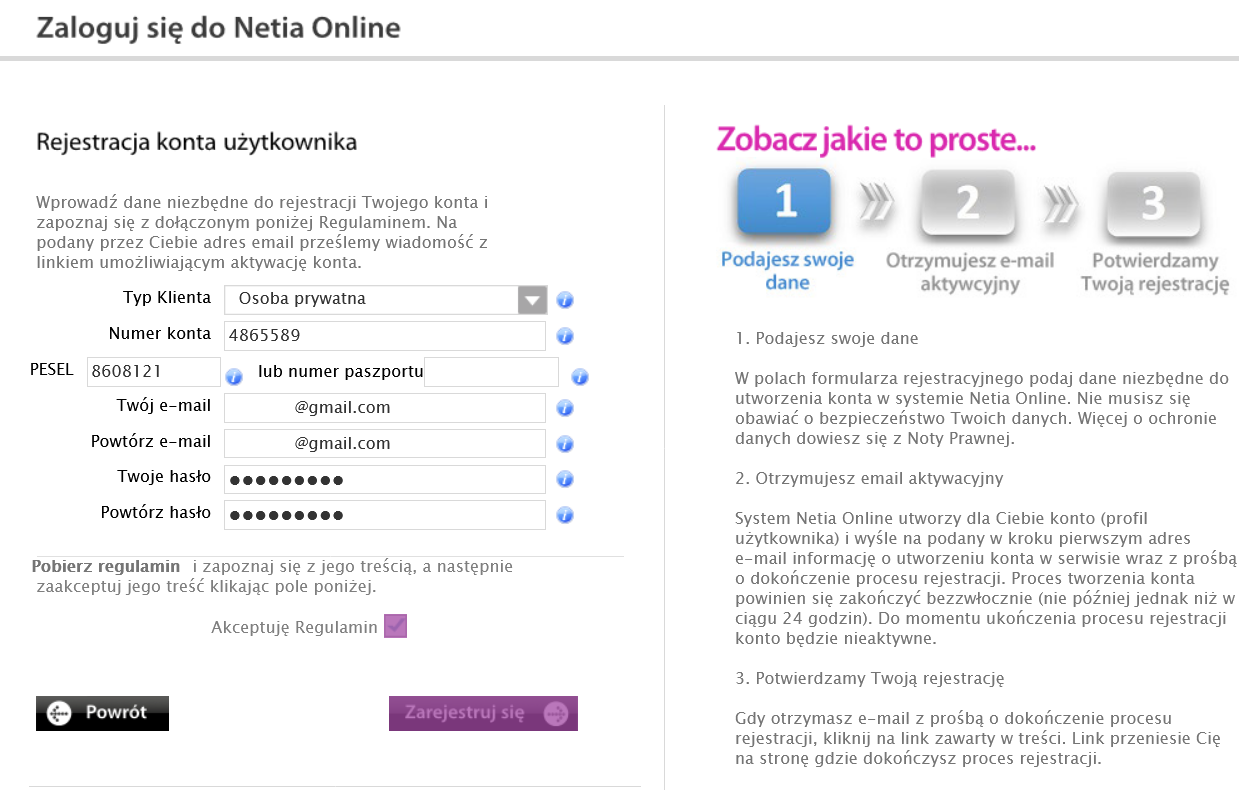 Utworzenie nowego konta w serwisie Netia On-line