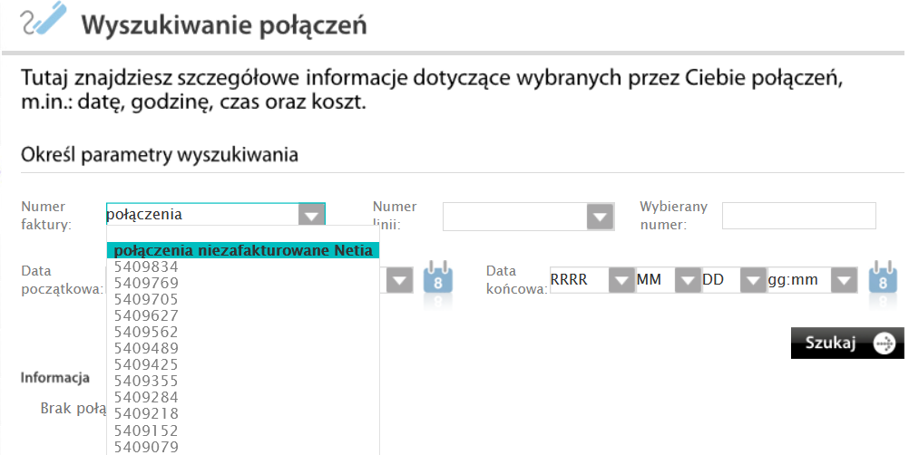 Wykaz połączeń w serwisie Netia On-line