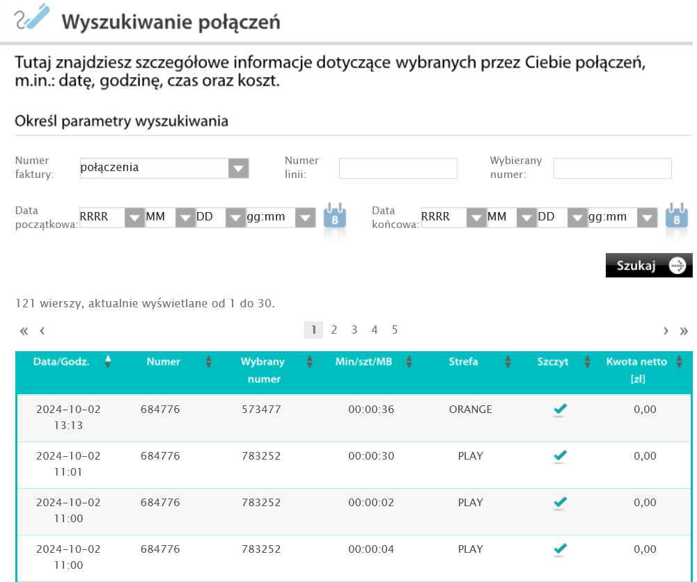 Wykaz połączeń w serwisie Netia On-line